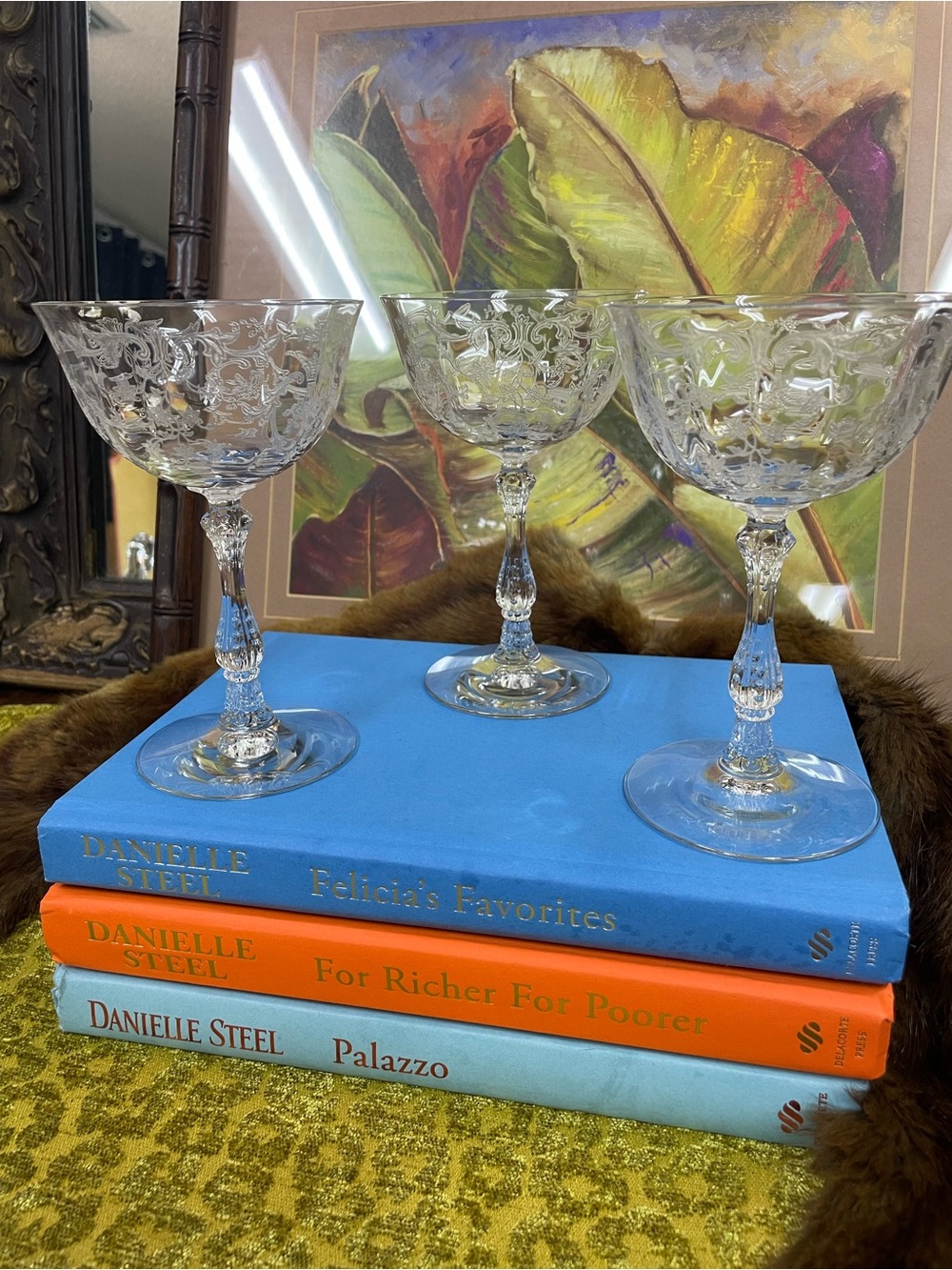 Set of 3 Fostoria Navarre Etched Crystal Champagne/Tall Sherbet Coupe